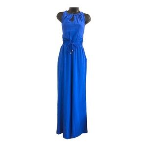 TAHARI blue smocked waist‎ sleeveless  keyhole neck belted jumpsuit size 6 new